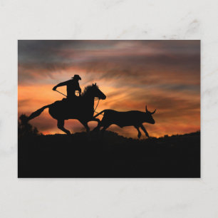 Carte Postale Cowboy Horse et Steer Southwestern Sunset Rodeo
