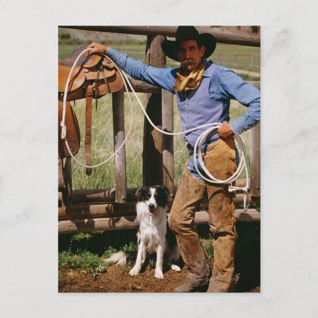 Carte Postale Cowboy posant avec lasso et chien de compagnie (Devant)