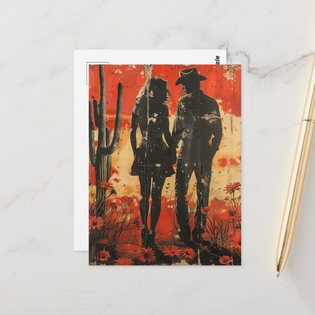 Carte Postale Cowgirl et Cowboy dans le désert (Devant/Arrière en situation)
