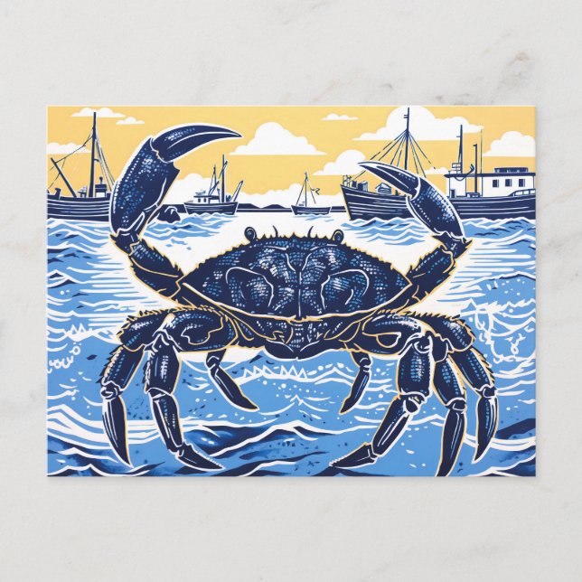 Carte Postale Crabe bleu, mer et bateau de pêche à Linocut (Devant)