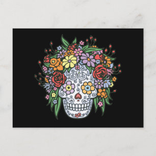 Carte Postale Crâne à sucre en cheveux fleuris