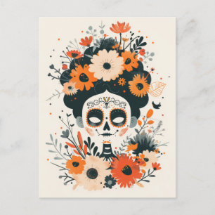 Carte Postale Crâne à sucre mignon avec fleurs Jour des morts