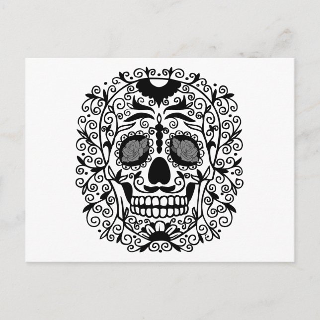 Carte Postale Crâne à sucre noir et blanc avec yeux Roses (Devant)