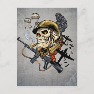 Carte Postale Crâne avec casque, avions et bombes