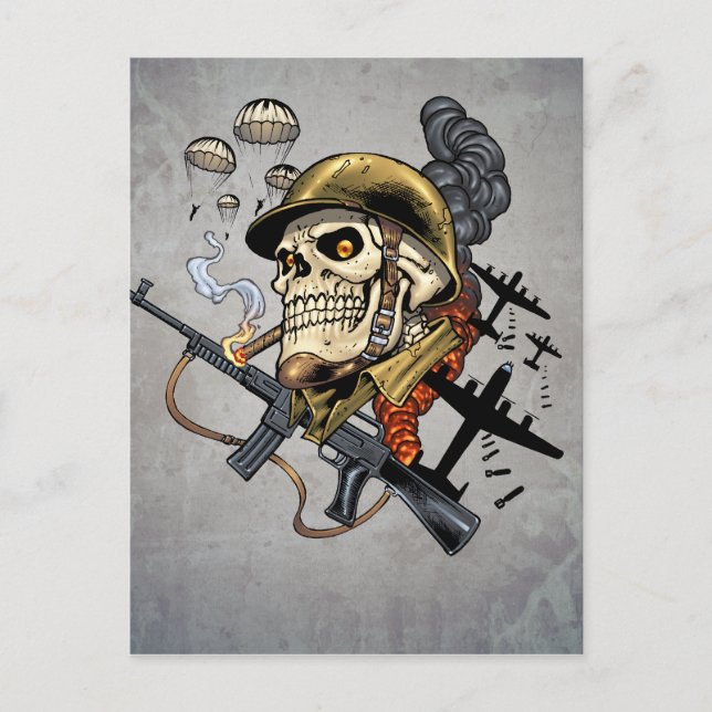 Carte Postale Crâne avec casque, avions et bombes (Devant)