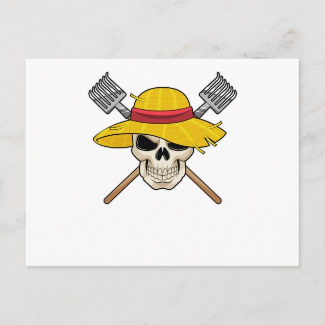Carte Postale Crâne avec chapeau en fermier avec râteau (Devant)