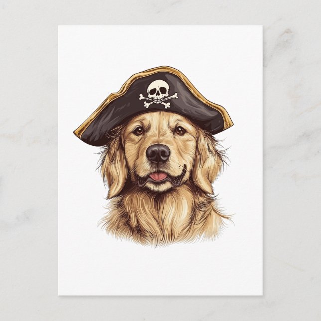 Carte Postale Crâne de chien Retriever doré pirate (Devant)
