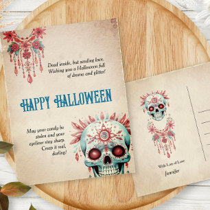 Carte Postale Crâne de sucre bleu rose hilarant drôle Halloween