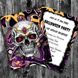 Carte Postale Crâne de sucre noir et violet Halloween