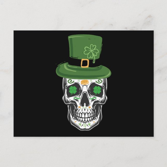 Carte Postale Crâne de Sucre St Patrick Jour Leprechaun Trèfle (Devant)
