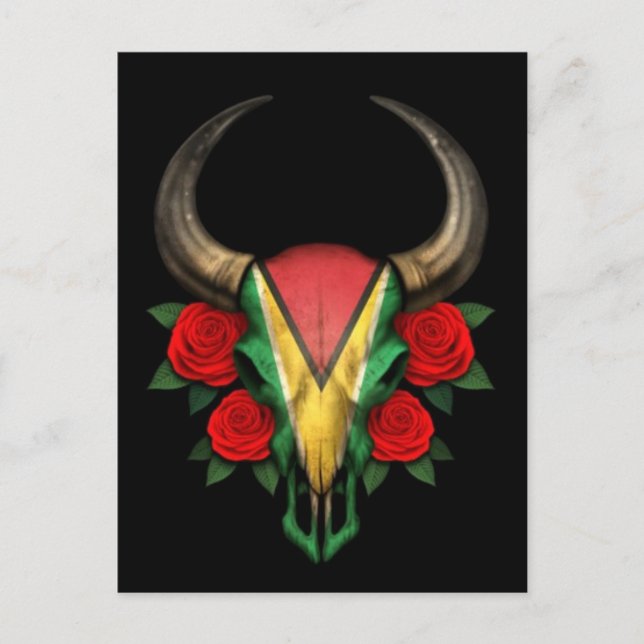 Carte Postale Crâne de taureau avec drapeau guyanien et roses ro (Devant)