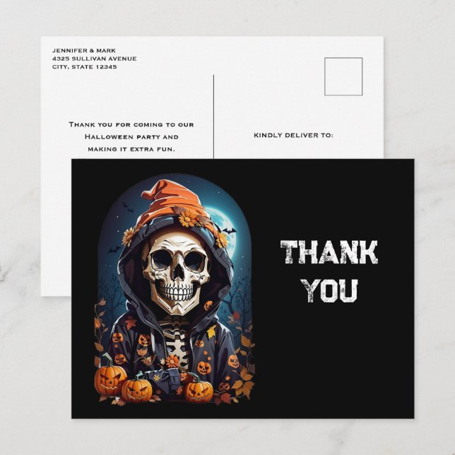 Carte Postale Crâne effrayant et citrouilles Halloween Merci (Devant / Derrière)