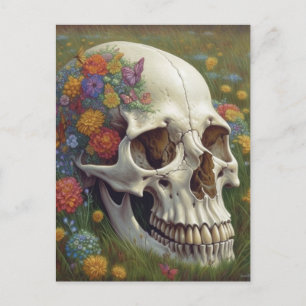 Carte postale Crâne et fleurs en herbe