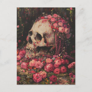 Carte postale Crâne et fleurs roses