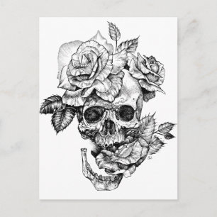 Carte Postale Crâne humain et encre noire rose