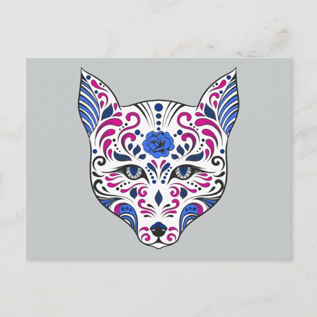 Carte Postale Crâne sucre Wolf tête bleu pourpre (Devant)