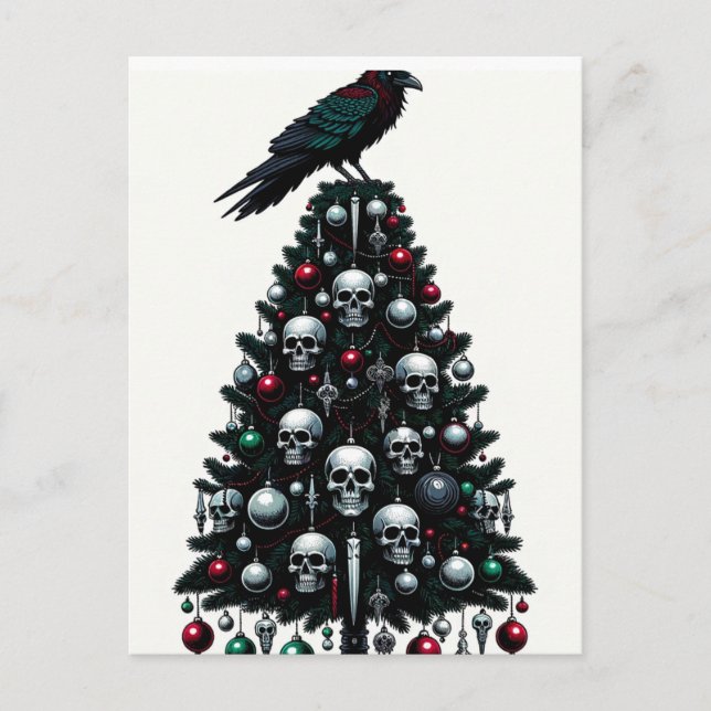 Carte Postale Crânes gothiques et corbeau Arbre de Noël (Devant)