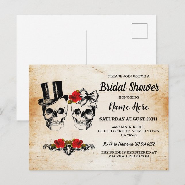 Carte Postale Crânes Roses Lavis Rustique pour Enterrement de Vi (Devant / Derrière)