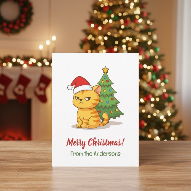 Carte Postale Cranky Tabby Cat Red Hat Christmas Tree (Créateur téléchargé)