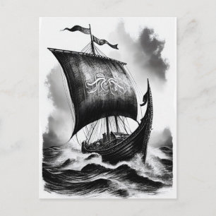 Carte Postale Crayon d'encre aquarellable de bateau dragon Vikin