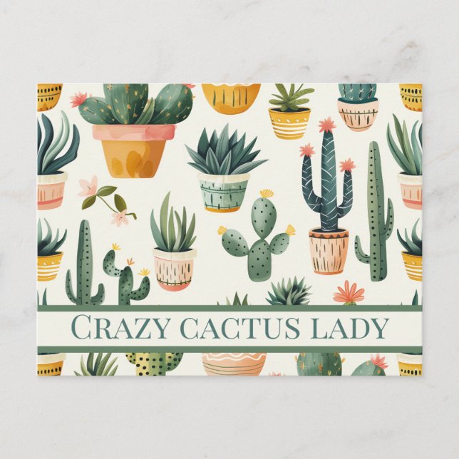 Carte Postale "Crazy cactus lady ! texte sur un dessin de cactus (Devant)