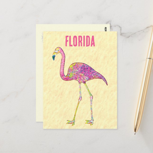 Carte Postale Création de flamant en mosaïque fantaisiste (Devant/Arrière en situation)