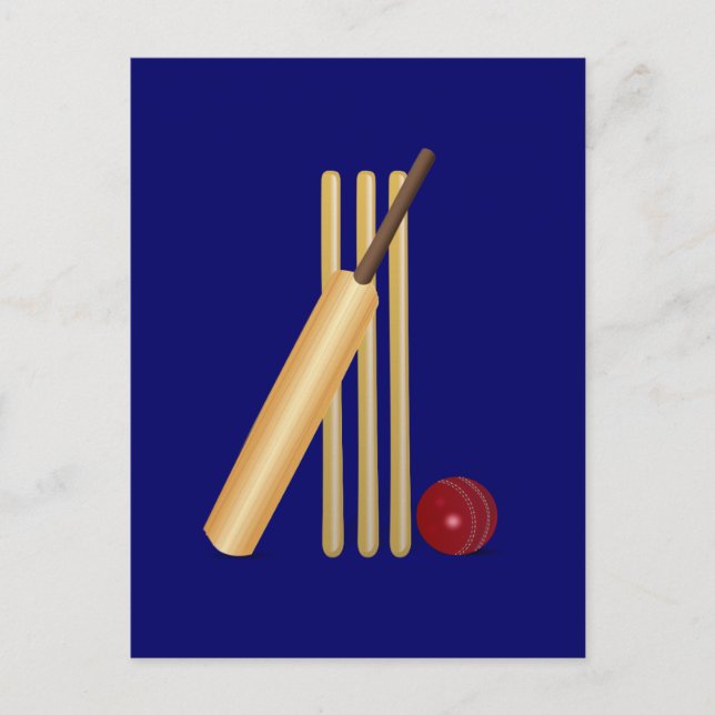 Carte Postale Cricket, wicket, chauve-souris et balle (Devant)