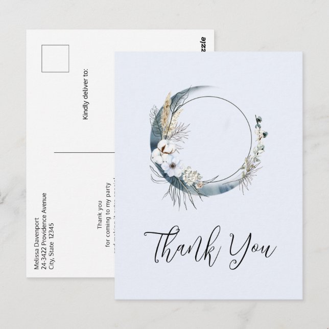 Carte Postale Croissant de Lune Bleu avec Fleurs Blanches Merci (Devant / Derrière)