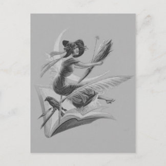 Carte Postale Croissant de lune monochrome de Raven de sorcière