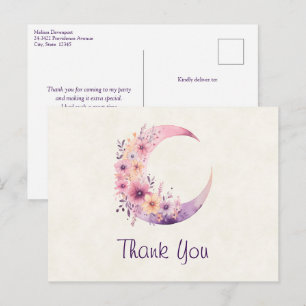 Carte Postale Croissant de Lune Rose avec de Jolies Fleurs Merci
