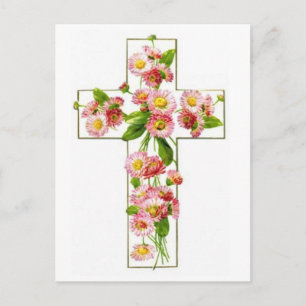 Carte Postale Croix blanche aux fleurs roses