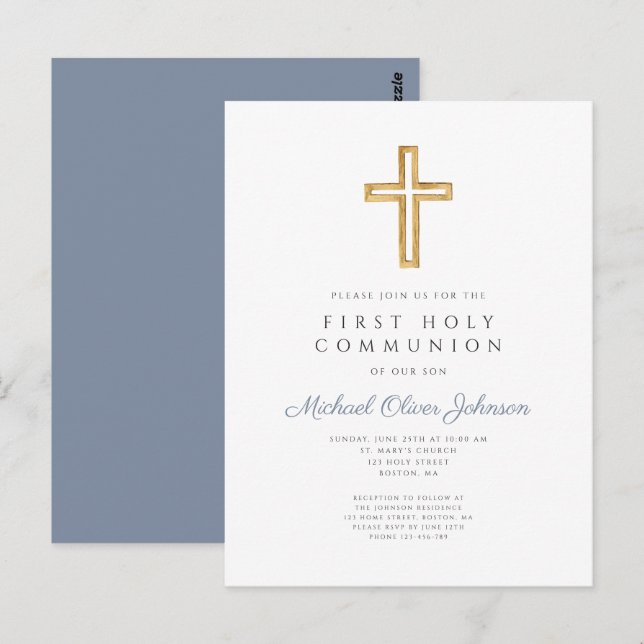 Carte Postale Croix Bleue Dusty Religion Garçon Première Communi (Devant / Derrière)