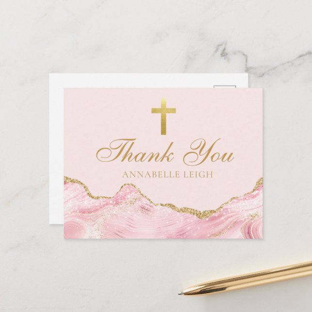 Carte Postale Croix chrétienne en or rose personnalisée remercie (Devant/Arrière en situation)