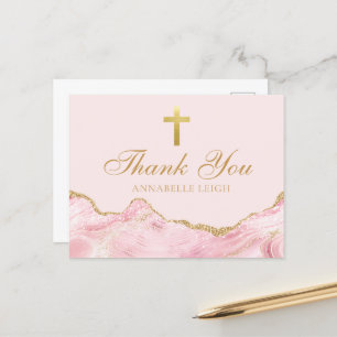 Carte Postale Croix chrétienne rose or Merci personnalisé