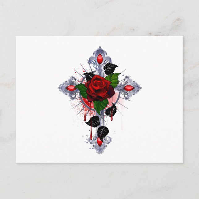 Carte Postale Croix d'argent avec une rose rouge (Devant)