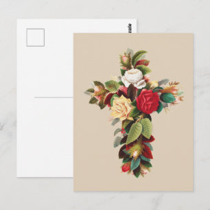 Carte Postale Croix de roses botaniques vintage Art religieux