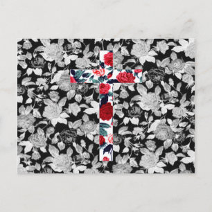 Carte Postale Croix des Roses rouges & motif floral noir et blan