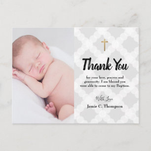 Carte Postale Croix d'or gris Merci bébé garçon Photo Baptême