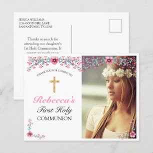Carte Postale Croix d'or rose Floral Premier Merci de communion