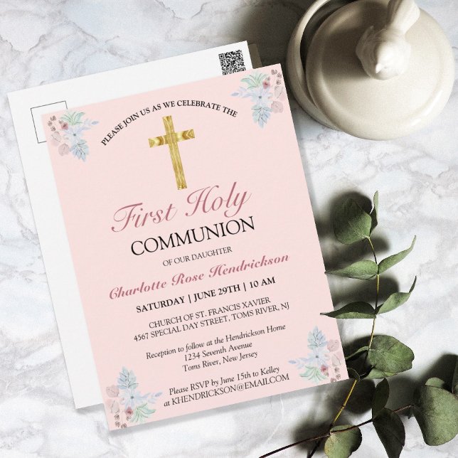 Carte Postale Croix d'or rose Floral Première communion Invitati (Créateur téléchargé)