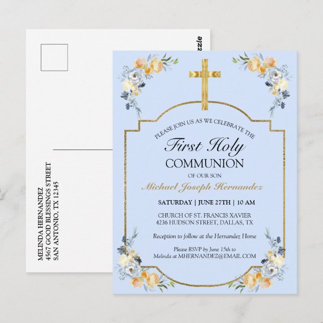 Carte Postale Croix dorée élégante Communion solennelle Fleurs b (Devant / Derrière)
