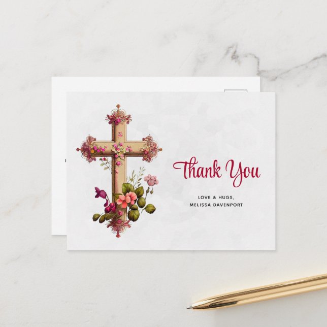 Carte Postale Croix élégante avec Merci de fleurs roses (Devant/Arrière en situation)