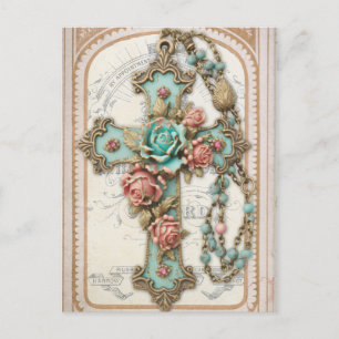 Carte Postale Croix vintage et fleurs