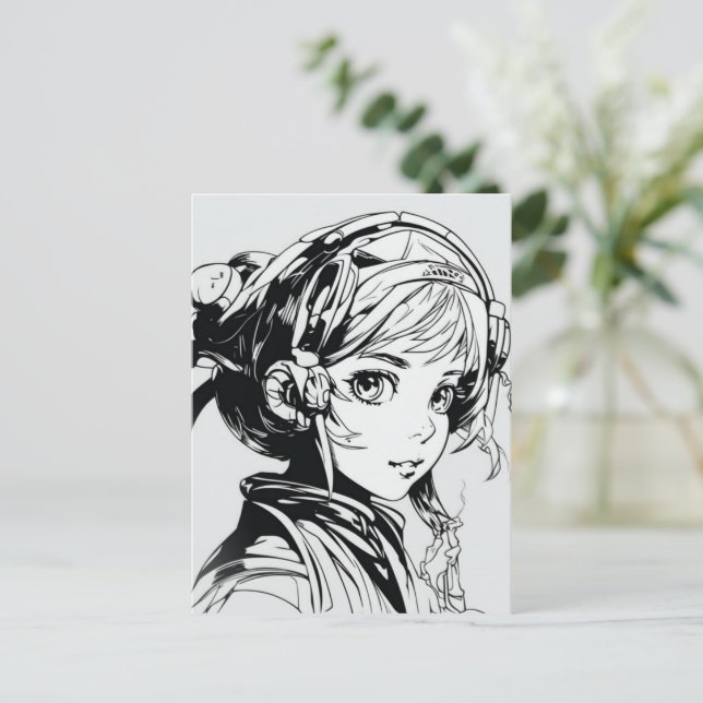 Carte Postale Croquis Anime Manga Girl Portrait (Debout devant)