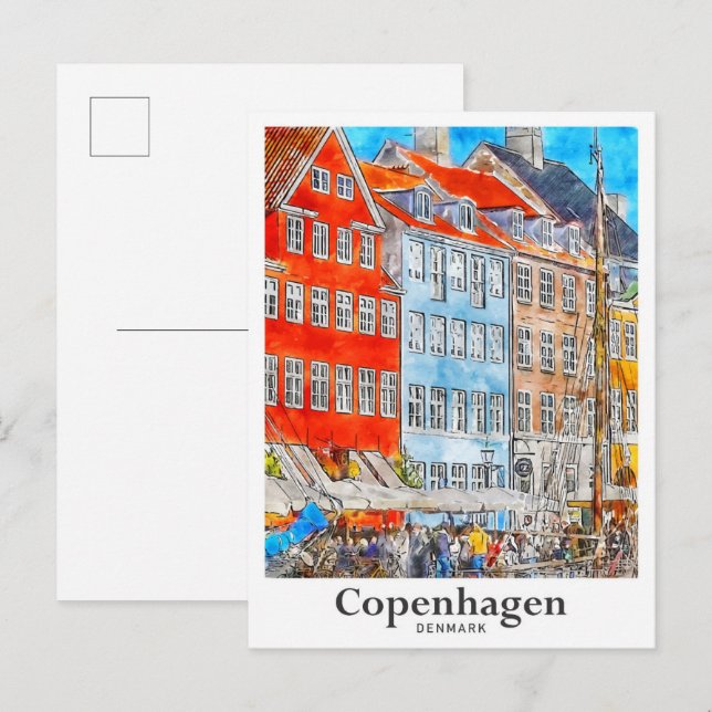 Carte Postale Croquis d'aquarelle de Copenhague Danemark (Devant / Derrière)