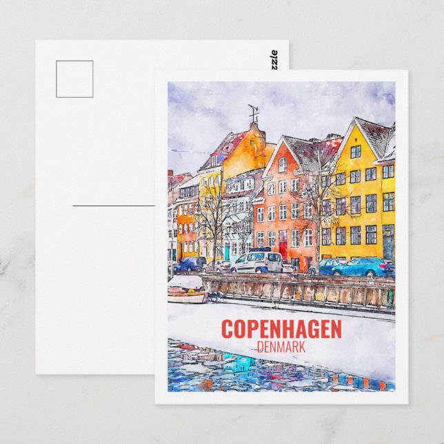 Carte Postale Croquis d'aquarelle de voyage de Copenhague Danema (Devant / Derrière)