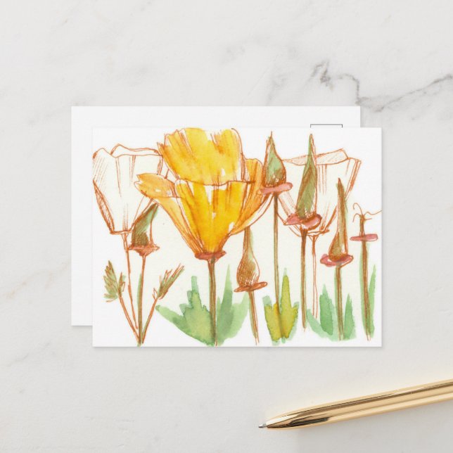 Carte Postale Croquis d'encre botanique du Fleur sauvage de pavo (Devant/Arrière en situation)