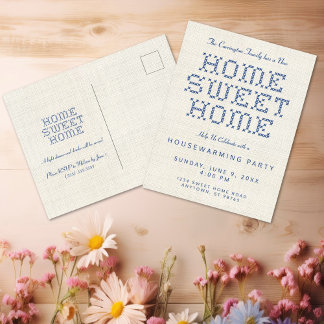 Carte Postale Cross-Stitch Home Sweet Home Bleu Ménage