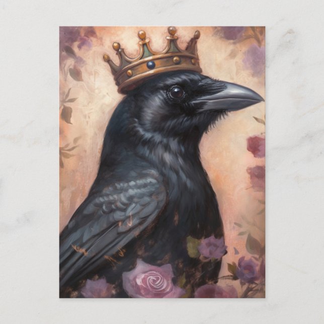 Carte Postale Crow à conte de verdure dans une couronne rose (Devant)