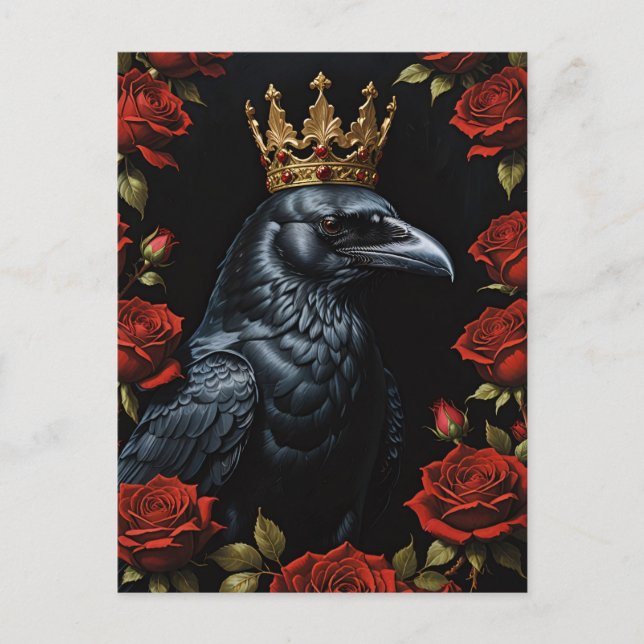 Carte Postale Crow dans une couronne d'or rubis Roses rouges (Devant)
